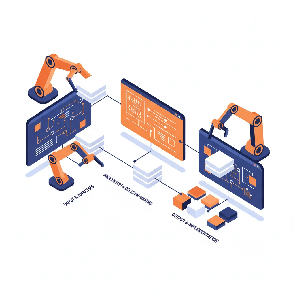 AI workflow automation with robotic arms processing data between screens
