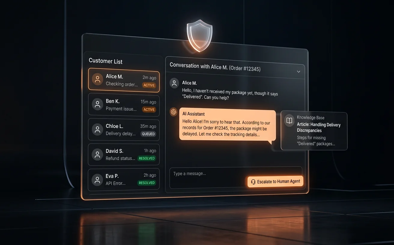 AI customer support dashboard with conversation threads and status indicators