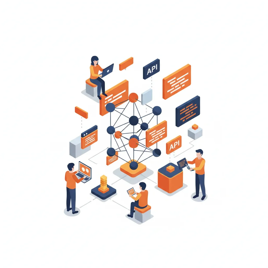 Engineers building custom AI neural network architecture with APIs