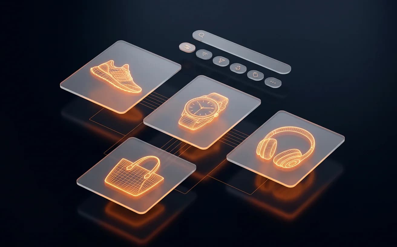 Ecommerce product catalog with floating product cards on dark surface