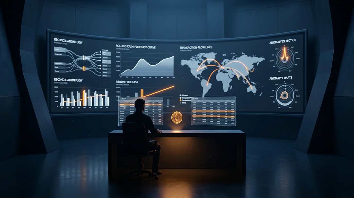 Dark sci-fi finance war room with a controller analyzing forecast charts, cash trends, and fraud alerts on a curved holographic display