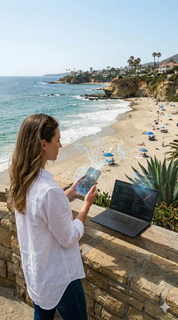 Woman on an Orange County coastal overlook with a laptop and smartphone showing AI holographic interfaces — OCImagine AI integration and software development in Orange County, California