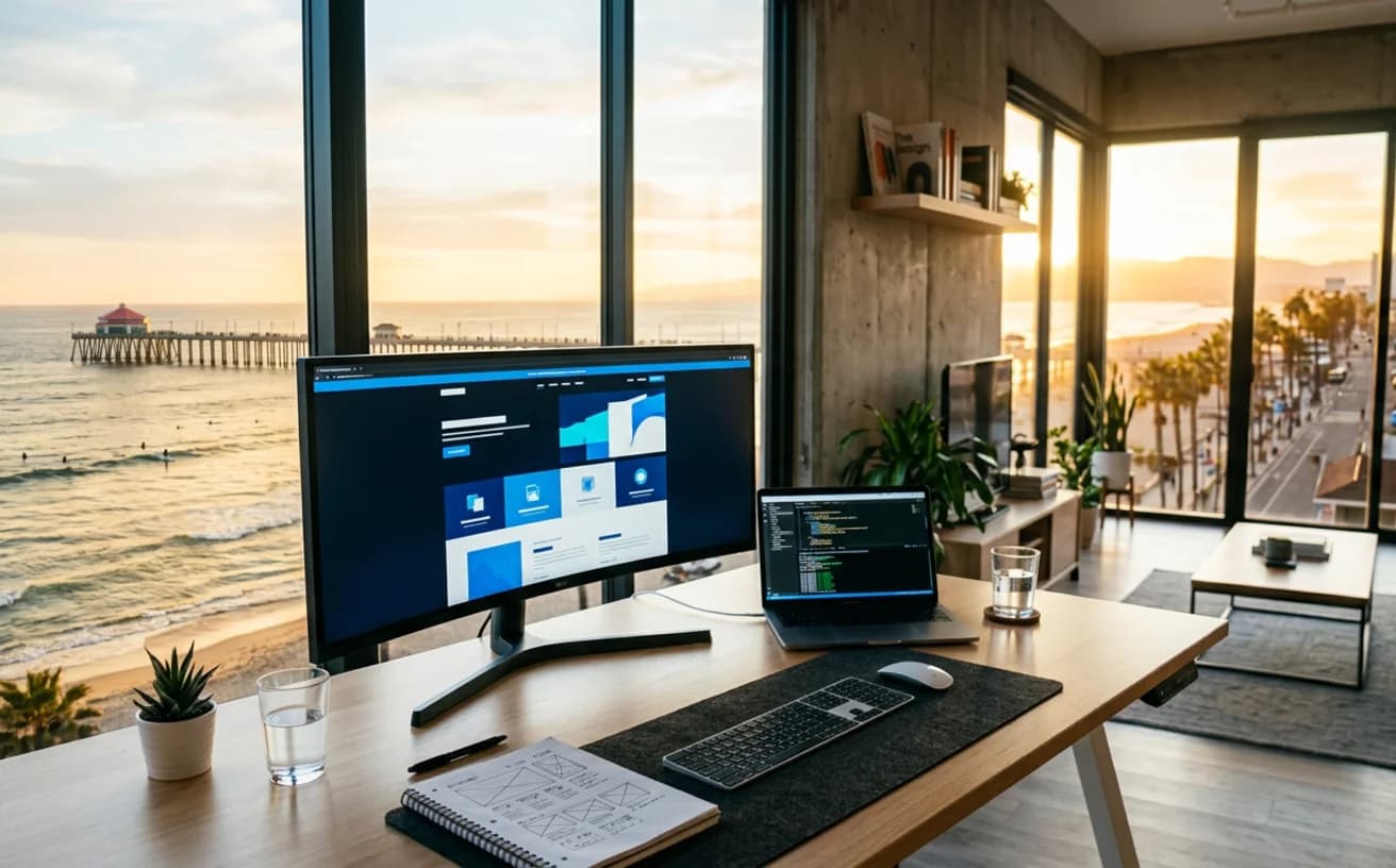 Web designer’s desk with a website mockup on screen, overlooking the Huntington Beach pier, surfers and Main Street at golden hour