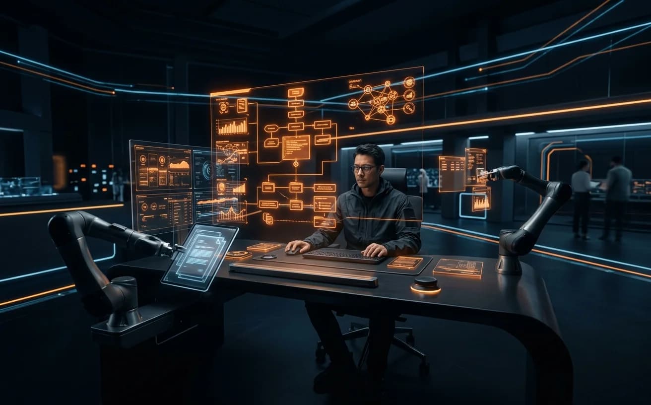AI workflow automation with robotic arms processing data between screens
