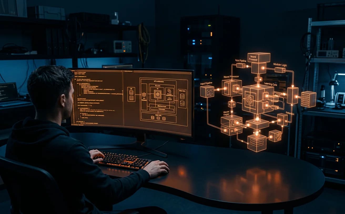Engineers building custom AI neural network architecture with APIs