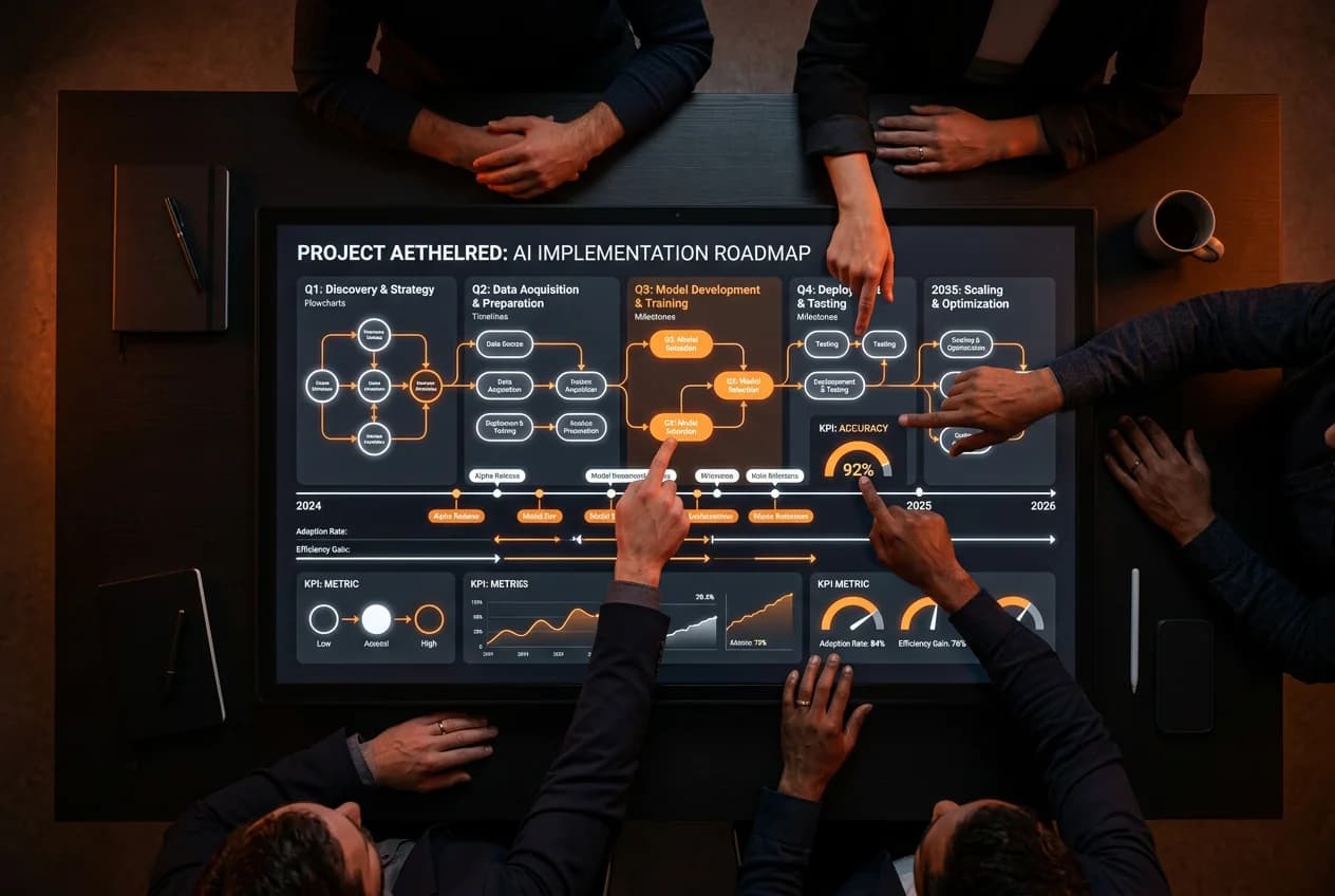 AI strategy roadmap with data points and team collaboration