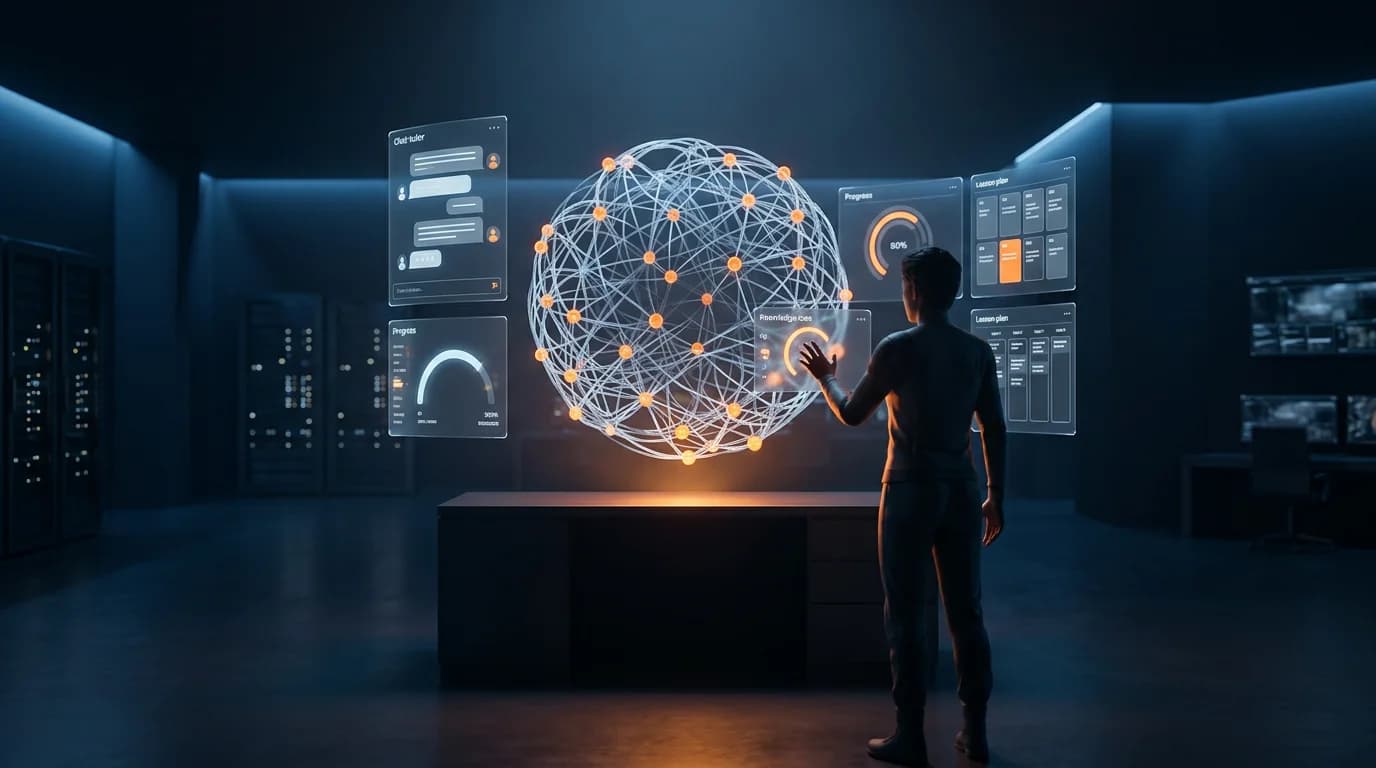 Dark sci-fi learning environment with a student exploring a glowing knowledge graph globe alongside adaptive AI tutoring panels