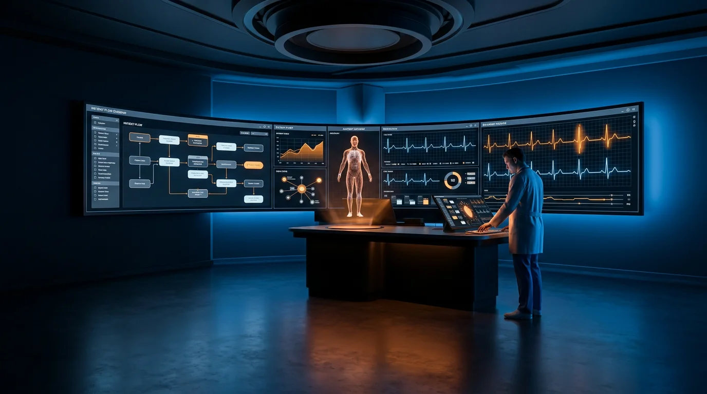 Dark sci-fi healthcare command center with holographic patient vitals, ECG waveforms, and a 3D anatomy display for an AI-augmented clinic