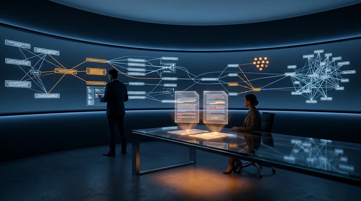 Dark sci-fi legal workspace with two attorneys reviewing a holographic network of contract clauses, case citations, and document workflows