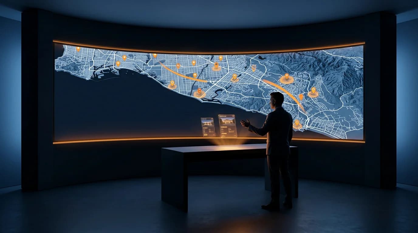 Dark sci-fi real estate command center with an agent reviewing a glowing Orange County coastline map of property hotspots and listing analytics