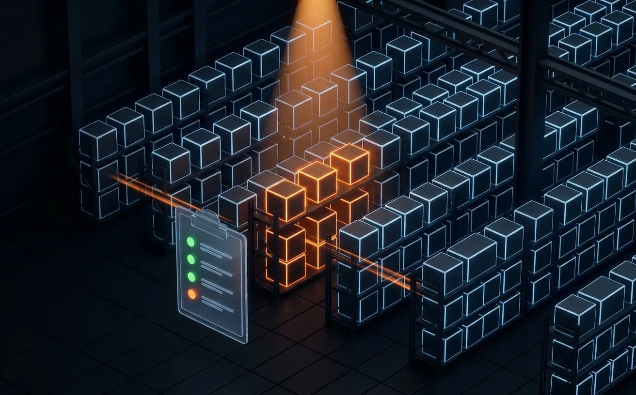 Dark sci-fi warehouse with glowing inventory cube containers and a floating AI alert panel — visualizing AI demand forecasting and stock automation for an Orange County retailer