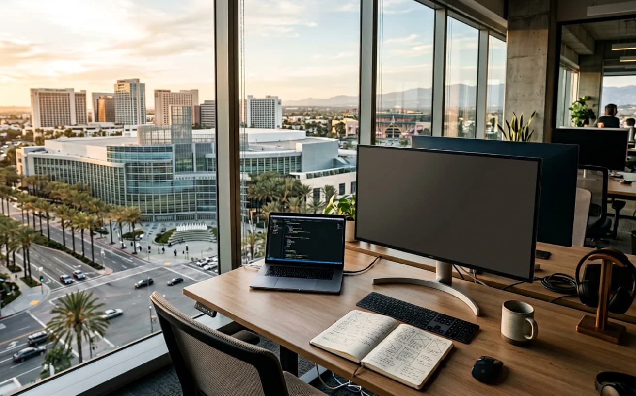 Web designer’s desk overlooking the Anaheim Convention Center, resort-district hotel towers and Angel Stadium at golden hour
