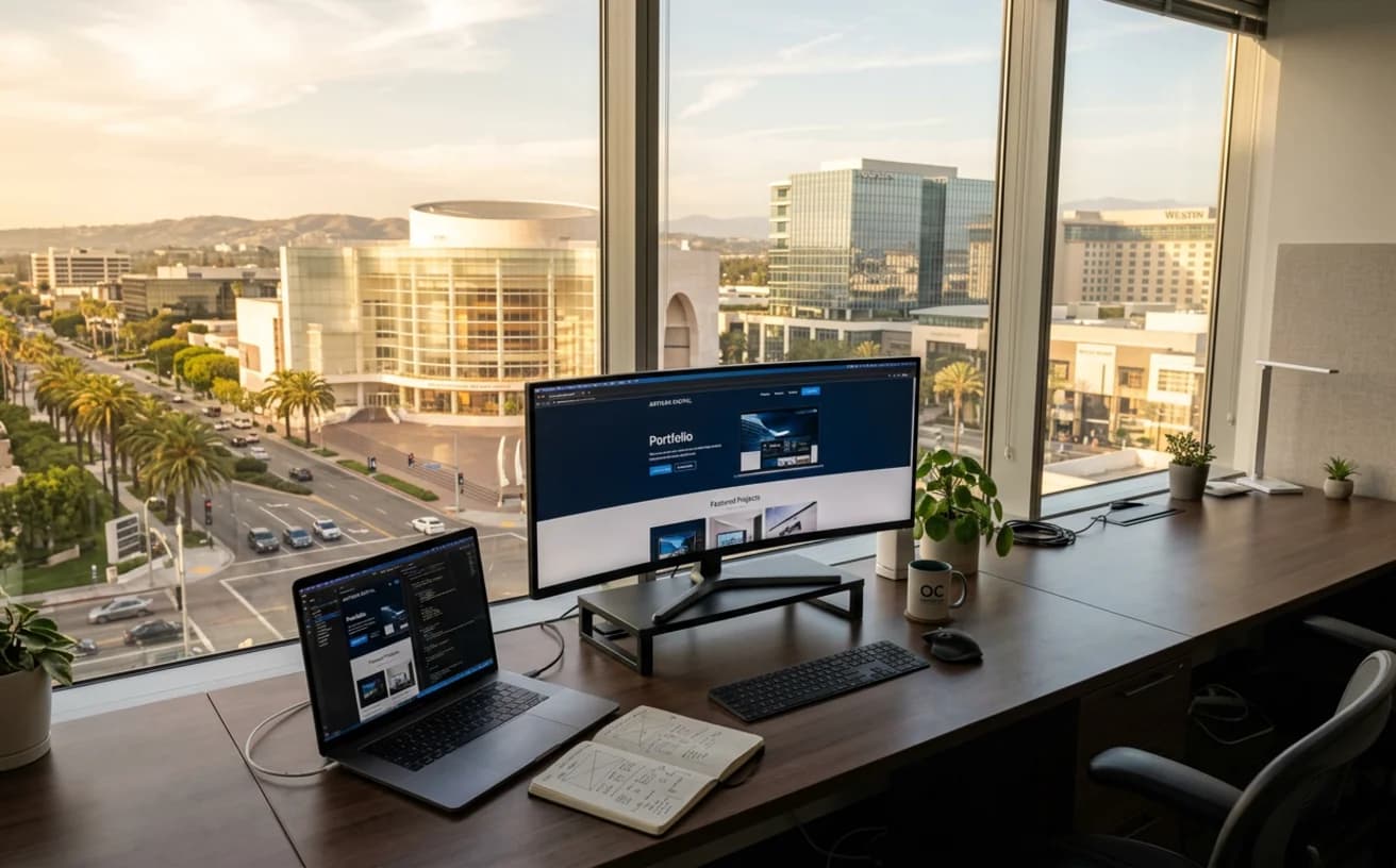 Web designer’s desk with a website mockup on screen, overlooking the Segerstrom Center and South Coast Plaza office towers in Costa Mesa at golden hour