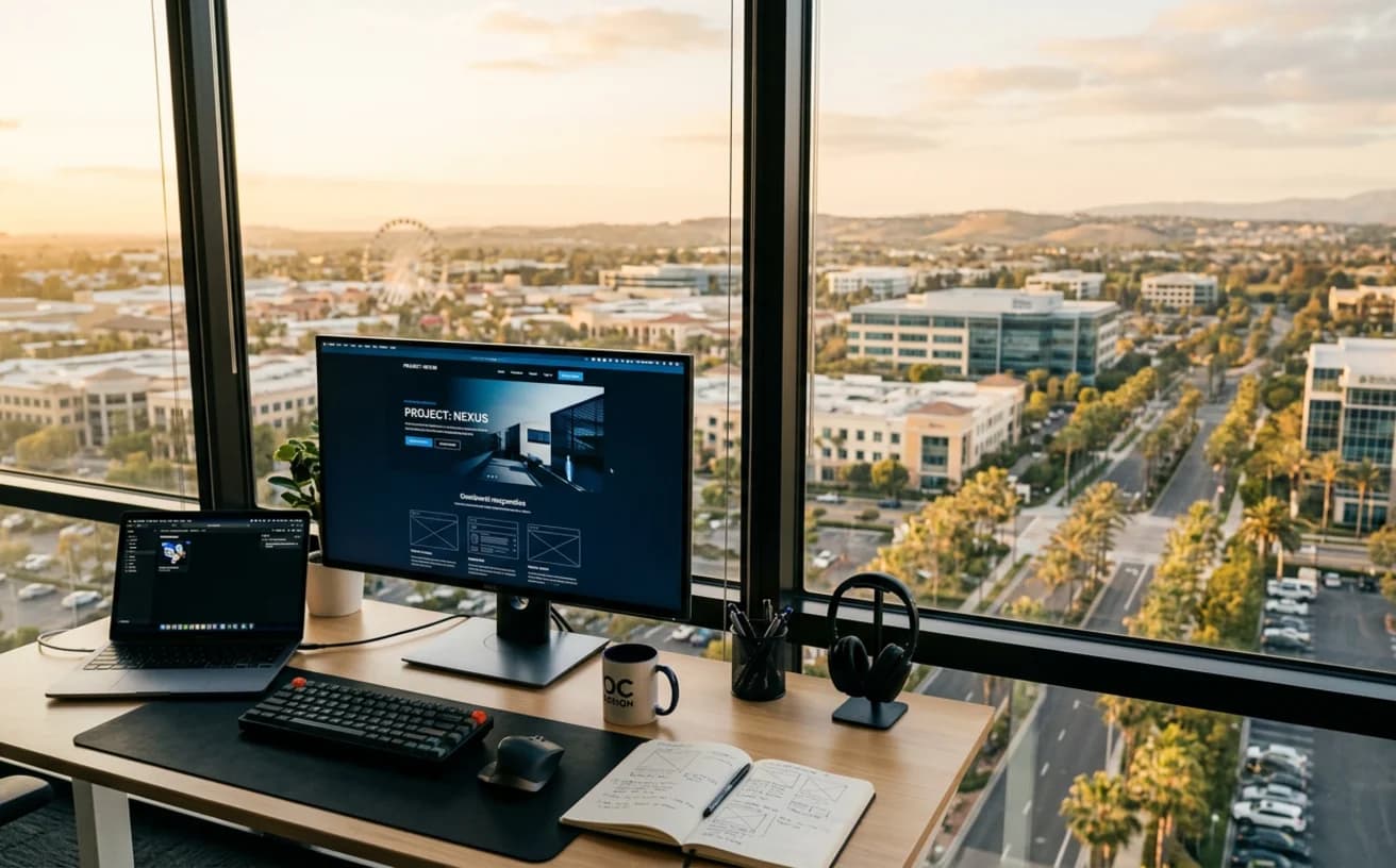 Web designer’s desk with a website mockup on screen, overlooking Irvine Spectrum offices and the Orange County hills at golden hour