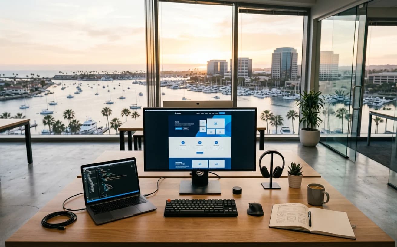 Web designer’s desk with a website mockup on screen, overlooking Newport Harbor sailboats and the Fashion Island office towers at sunset